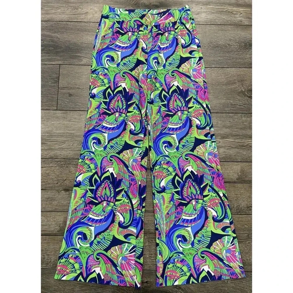 Jude Connally Pants Wide Leg Pull On Stretch Pink Blue Green XS